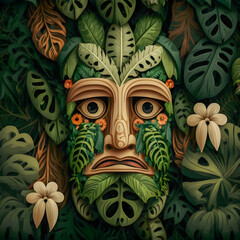 Tiki Mask, sad face portrait whit jungle flowers, illustartion