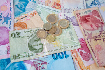 Various Turkish Lira Banknotes And Coins.  Turkish Money