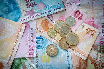 Various Turkish Lira Banknotes And Coins.  Turkish Money