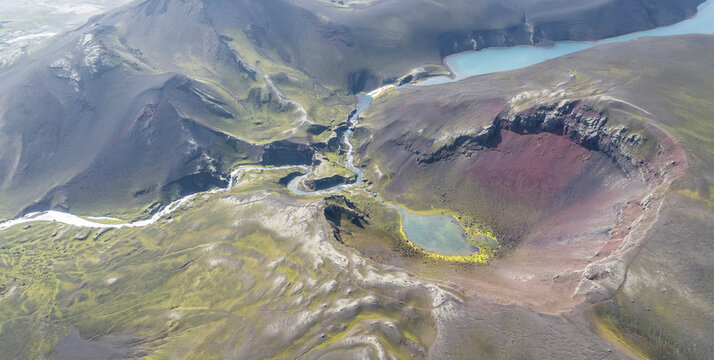 Aerial view of a sulphurous lake in Iceland.