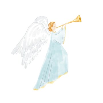 Watercolor Christmas angel with trumpet isolated on a white background. Christian Nativity angel with wings. Easter religious greeting card