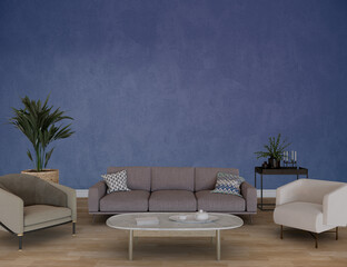 Modern living room with sofa and armchairs front of the empty blue wall