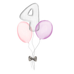 4 silver Birthday ballon with pink baloons. Number four glitter silver metallic balloon number with two pink balloons on transparent background. Design for sublimation designs, cards, invitations.