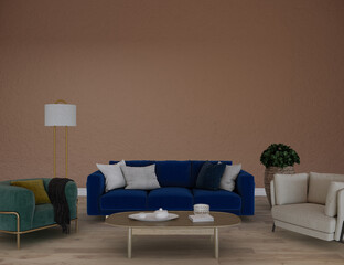 Modern living room with blue sofa and armchairs