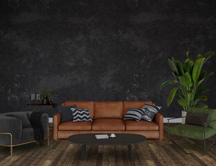 Living interior with sofa, 3d