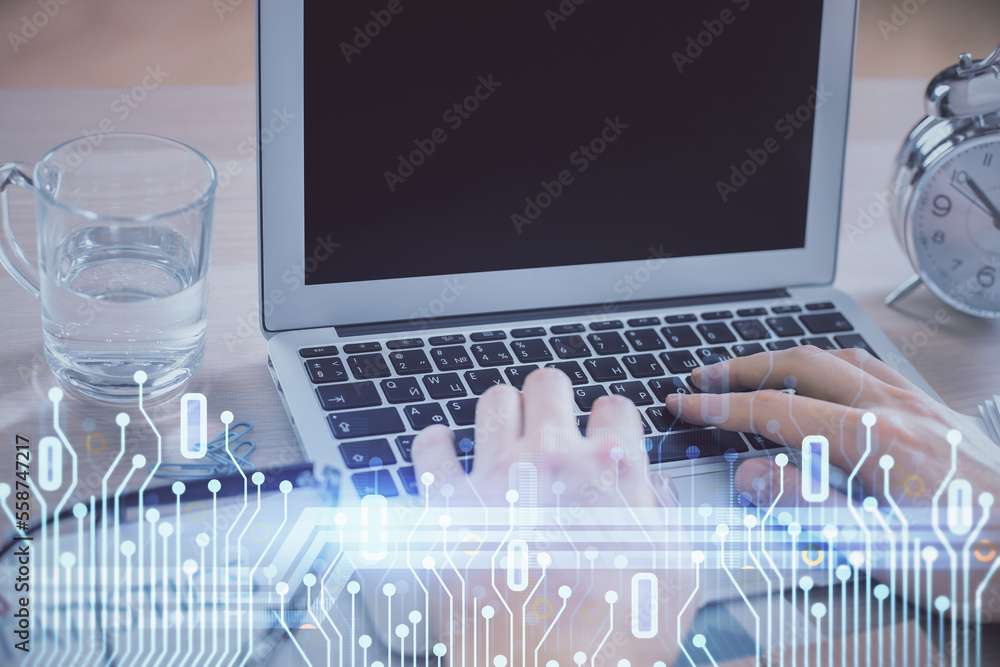 Poster businessman with computer background with technology theme hologram. concept of big data. double exp
