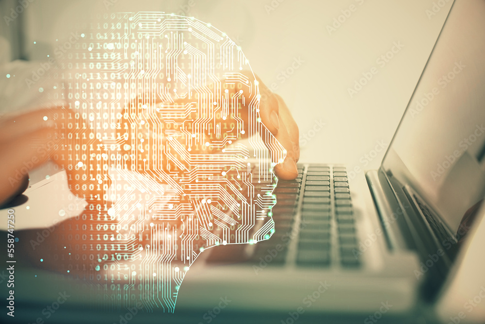 Poster Man typing on keyboard background with brain hologram. Concept of big Data.