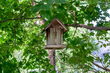 A Wooden Bird Feeder In The Trees