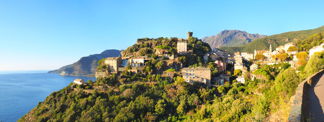 Nonza is set in an impressive setting, perched high on a cliff to the west of Cap Corse and is dominated by a ruined Genoese tower. At the foot, extends a gray beach formed mainly of asbestos waste