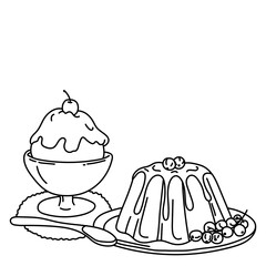Pudding and jelly. Desserts. Black and white vector image. Coloring.