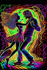 Fototapeta na wymiar Hippies couple dancing in neon colors. Dancing people on the hippie party. People use LSD and magic mushroom. Generative ai illustration