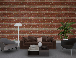 Living room interior front of the brick wall