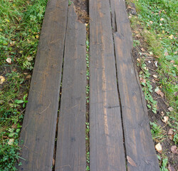 Rustic wooden walkways among green grass. Background of wooden walkways, close up