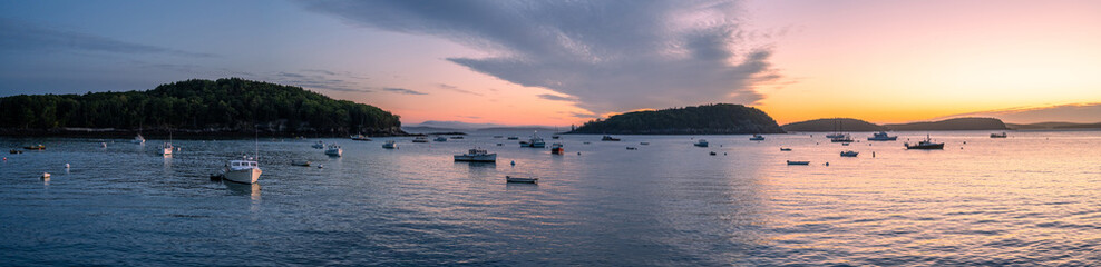 Mount Desert Narrows sunrise panorama in Maine 
