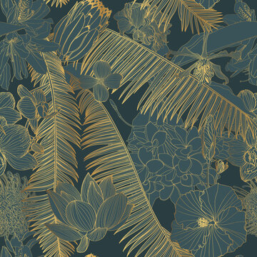 Tropical exotic floral line palm leaves and exotic flowers seamless pattern, line background. Exotic jungle wallpaper.	Art deco.