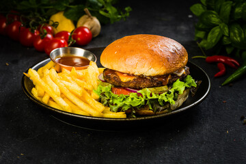 Burger with fries and ketchup