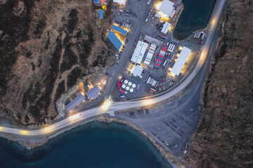 Aerial view of Dutch Harbour at sunset on Amaknak Island in Unalaska Bay, Alaska, United States.