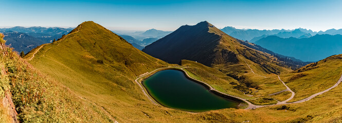High resolution stitched panorama at the famous Kanzelwand summit, Riezlern, Kleinwalsertal valley,...