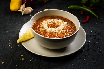 Chili soup with hand made bread stick