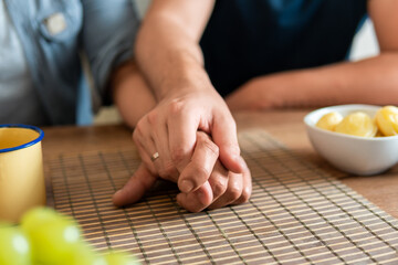 detail of gay couple hand holding at home