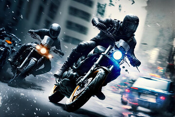 A thrilling high speed motorcycle chase. Made with Generative AI. 
