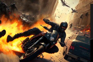 A thrilling high speed motorcycle chase. Made with Generative AI. 