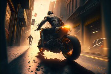 A thrilling high speed motorcycle chase. Made with Generative AI. 