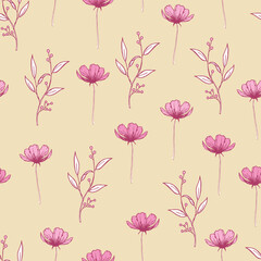 Modern tropical flowers seamless pattern design. Seamless pattern with spring flowers and leaves. Hand-drawn background. floral pattern for wallpaper or fabric. Botanic Tile.