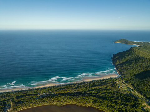 Aerial view of the beautiful coastline at Booti Booti National Park, Wallis Lake, New South Wales, Australia.