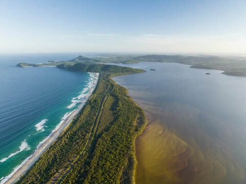 Aerial view of the beautiful coastline at Booti Booti National Park, Wallis Lake, New South Wales, Australia.