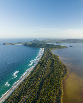 Aerial view of the beautiful coastline at Booti Booti National Park, Wallis Lake, New South Wales, Australia.