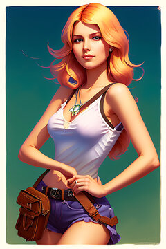 Chica exploradora viajera al atardecer, ilustraci&oacute;n cartoon - AI Generated Art 