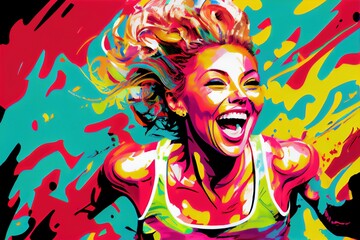 Fototapeta na wymiar illustration of very active woman running with a big smile, generative ai