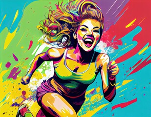 Obraz na płótnie Canvas illustration of very active woman running with a big smile, generative ai