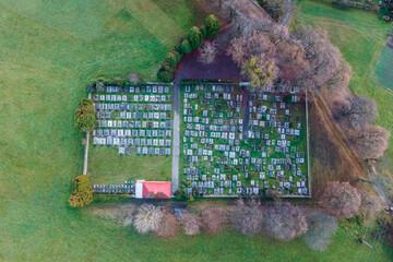 Aerial view of a cemetery in Milicin, Central Bohemia, Czech Republic.