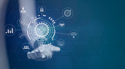 Business and artificial intelligence technology for humans to teach and learn intelligent robots replace humans help analyze the markets finances of the future world through digital Internet network.