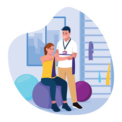 Vector illustration of fitness workout. Cartoon scene with a girl who is training with a trainer in the gym. Rehabilitation and restoration of health. Physical exercises for a healthy body.