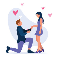 Vector illustration of marriage proposals. Cartoon scene with a man who proposes to his girlfriend and gives her a ring on white background. A romantic date, love is in the air.