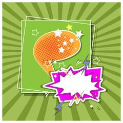 Comic background with divergent green rays and original cartoon templates for texts. Vector illustration