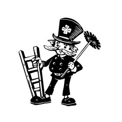 Chimney sweeper, smiling man retro drawing. Pipe cleaner in an old hat with a ladder. Vintage black and white vector image.
