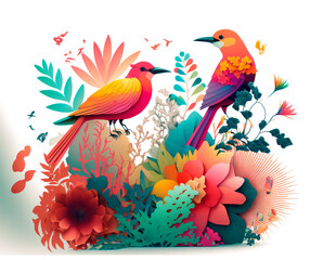 Arrangement of Tropical flowers and plants, with colorful birds, and coral, on an isolated White Background
Generative AI