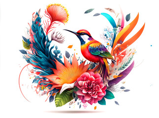 Fototapeta premium Arrangement of Tropical flowers and plants, with colorful birds, and coral, on an isolated White Background Generative AI