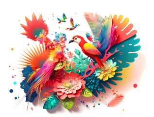 Fototapeta na wymiar Arrangement of Tropical flowers and plants, with colorful birds, and coral, on an isolated White Background Generative AI