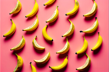 Obraz na płótnie Canvas Pattern with ripe banana on pink background. top view. copyspace. Pop art design, creative summer concept in minimal flat lay style, Made by AI, Artificial intelligence