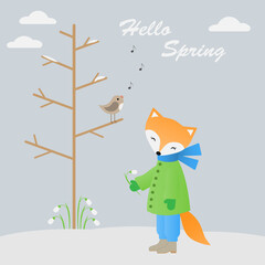 Spring postcard. Hello Spring. A cute fox with a flower, a singing bird on a tree.