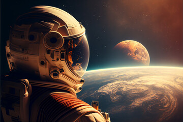 Realistic astronaut watching planet, Generative AI