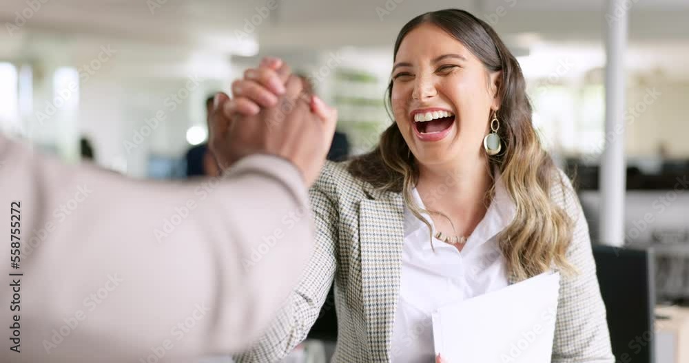 Poster Success, applause or business people high five a winner in celebration of sales target, kpi goals or business growth. Praise, support or excited woman with pride, happy smile or job promotion bonus