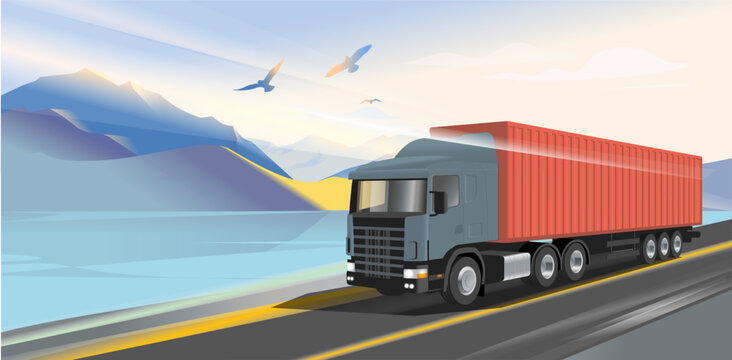 Cargo truck with a sea container rushes along the highway against the backdrop of the sea and mountains