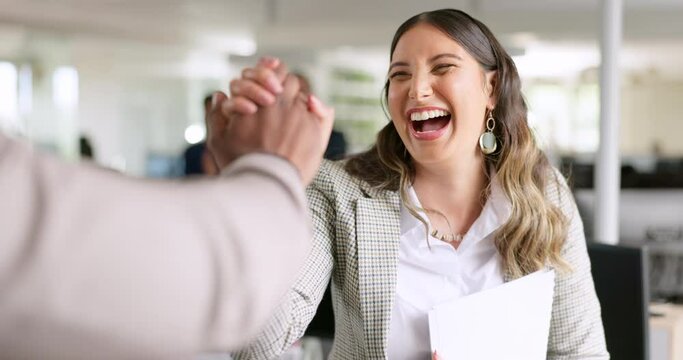 Success, applause or business people high five a winner in celebration of sales target, kpi goals or business growth. Praise, support or excited woman with pride, happy smile or job promotion bonus