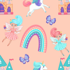 Fairy princesses with unicorn, castle and rainbow , seamless vector pattern with hand drawn illustrations

